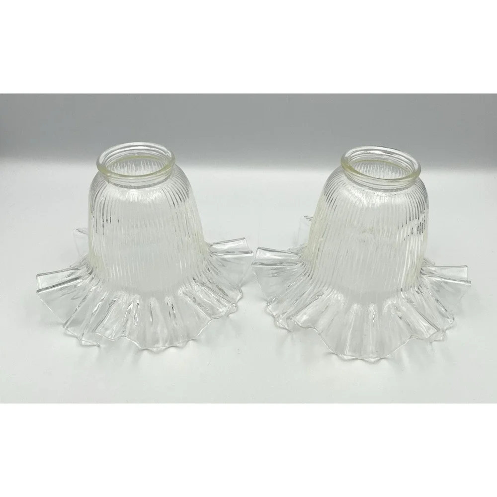 Vintage 1980s Clear Ribbed‎ Glass Lamp Shades Ruffled Edge 2